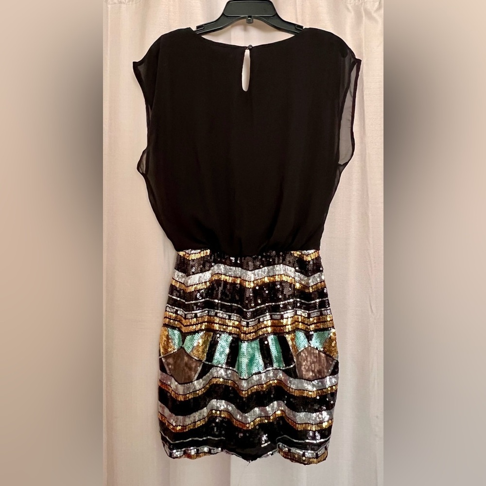 Luxology Sequin Dress Black Gold Sheer Top Size M - Picture 8 of 8